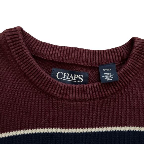 y2k Vintage Chaps Burgundy Navy Blue Striped Chunky Knit Cotton Sweater Small - Picture 4 of 4